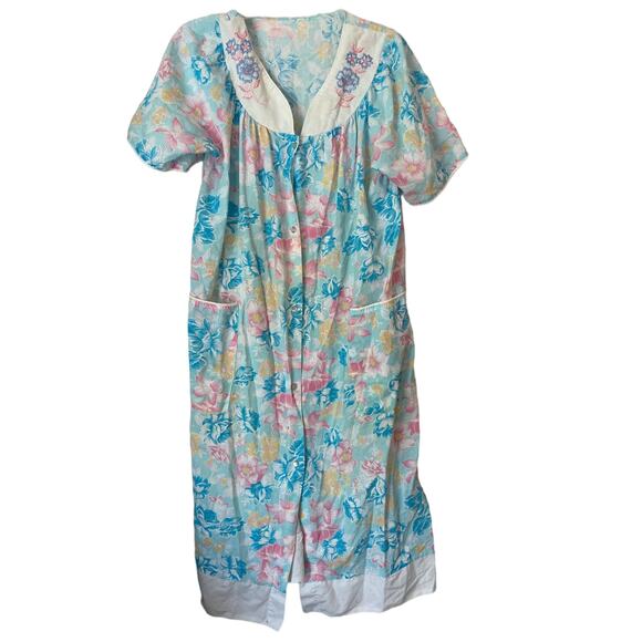 vintage button down housecoat blue floral - Picture 1 of 5